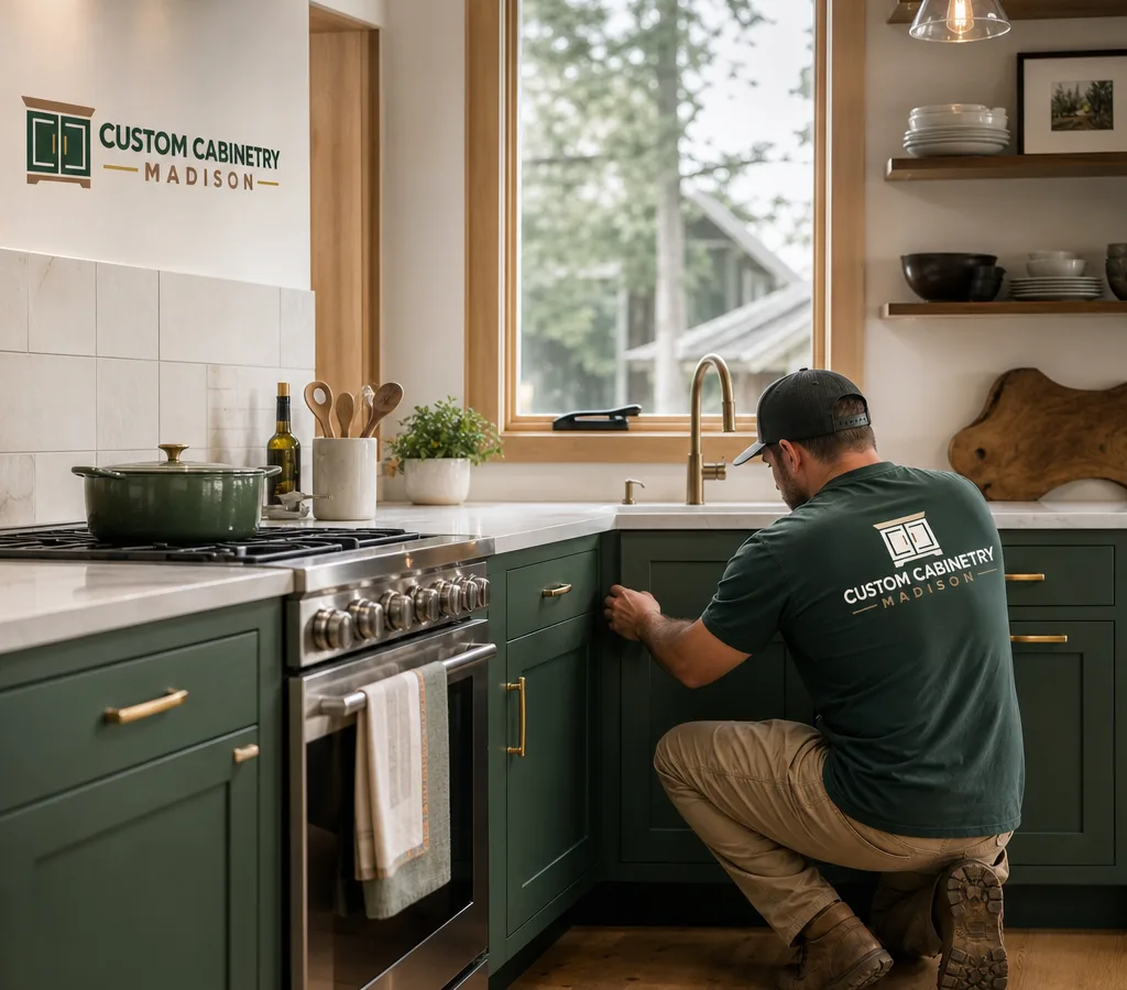Bright Madison kitchen with newly installed custom cabinets, consistent grain, and clean trim around the window and range