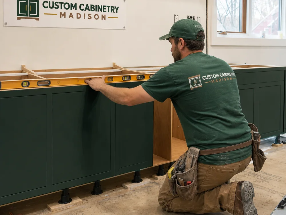 Cabinet installer leveling a base cabinet run with shims and a long level