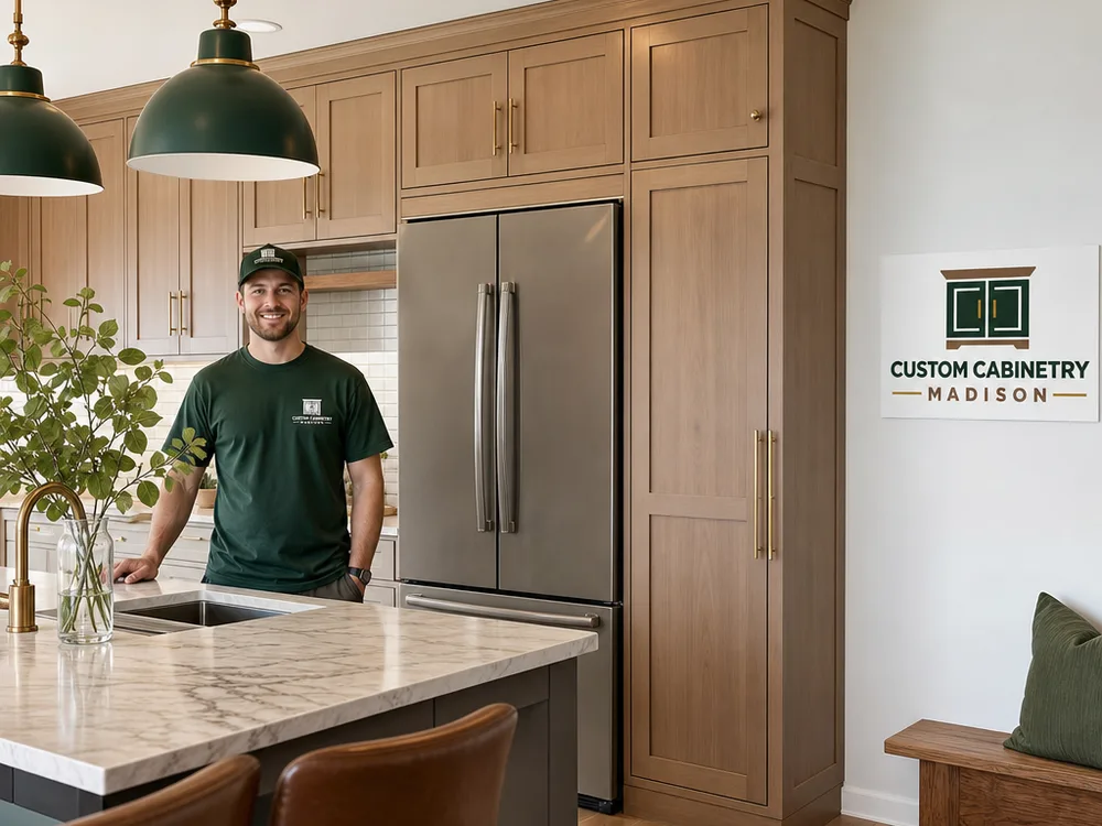 Finished Madison kitchen wall with ceiling-height upper cabinets and an aligned tall pantry and refrigerator panel