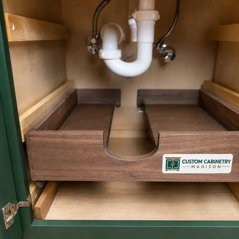 Bathroom sink base interior with a U-shaped drawer cutout fitted around the drain trap and supply lines