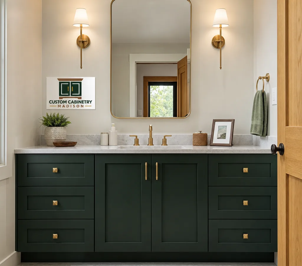 Finished Madison bathroom vanity with custom cabinets, stone top, centered sink, aligned doors and drawers, and detailed toe-kick