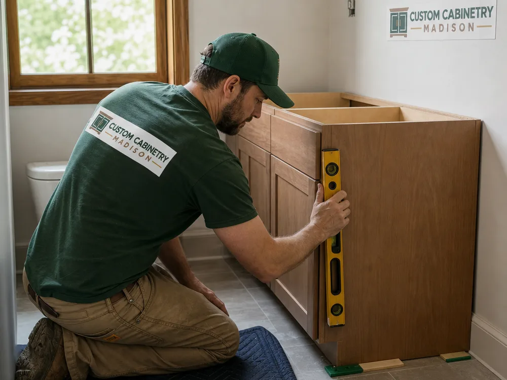 Installer fitting a bathroom vanity cabinet with shims and a level for precise alignment at the wall and floor