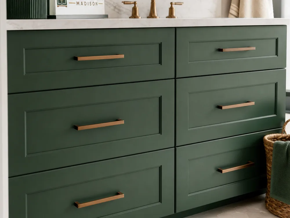 Painted bathroom vanity drawer bank with consistent gaps, soft-close hardware, and a durable finish