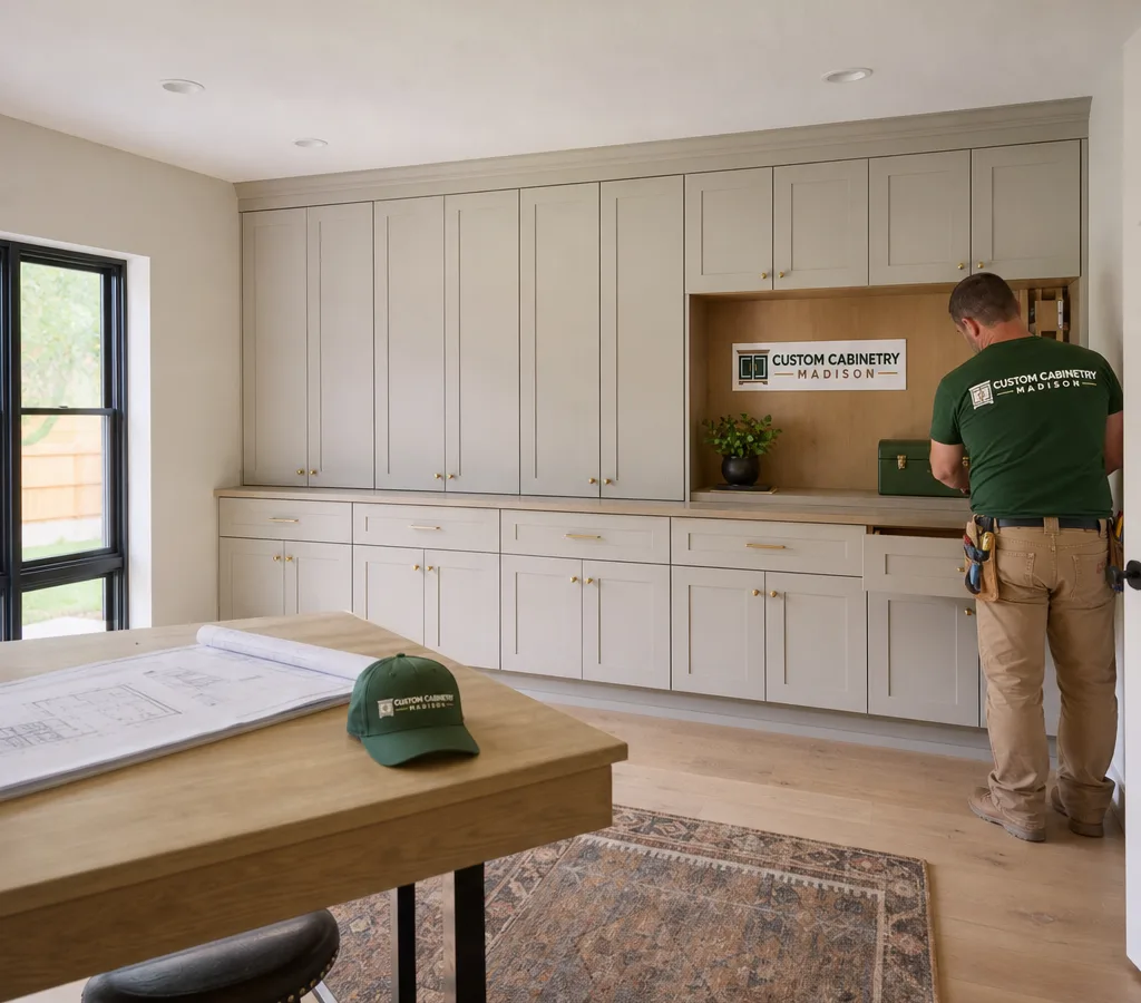 Bright Madison home interior with neatly installed wall-to-wall storage cabinets, doors, and drawers