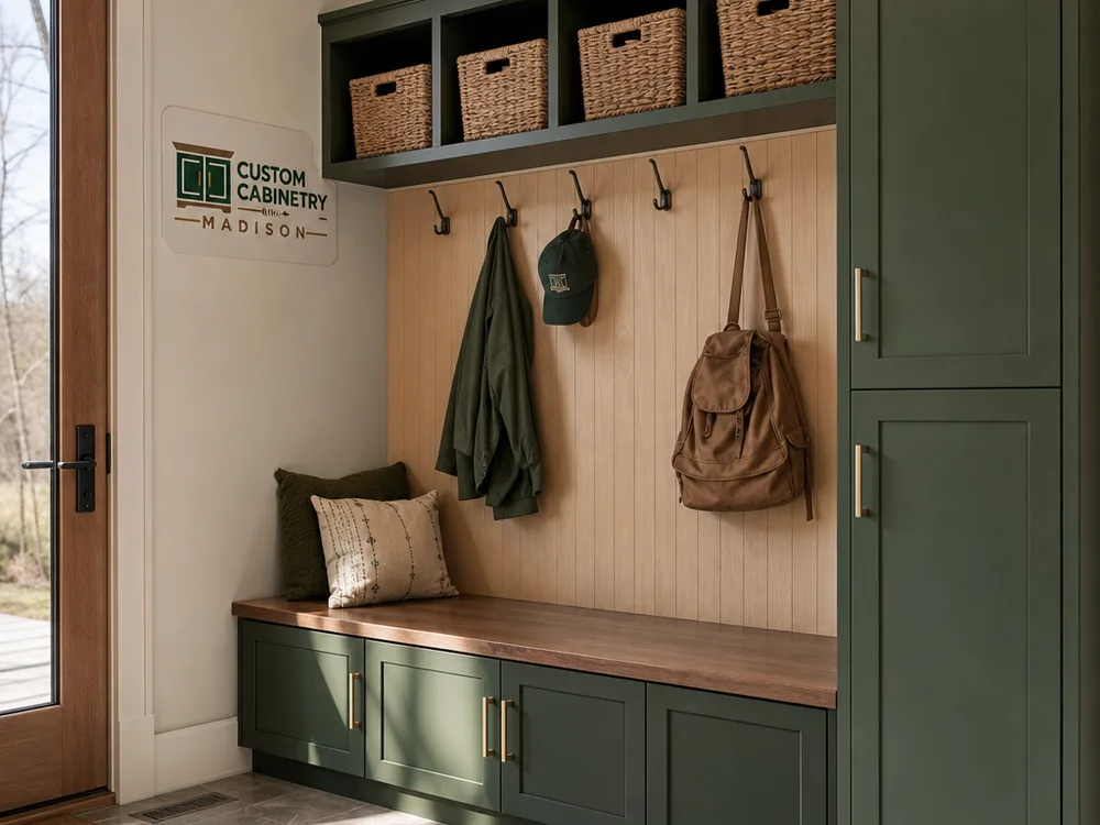 Mudroom storage wall with closed base cabinets, a bench, and a tall pantry-style cabinet