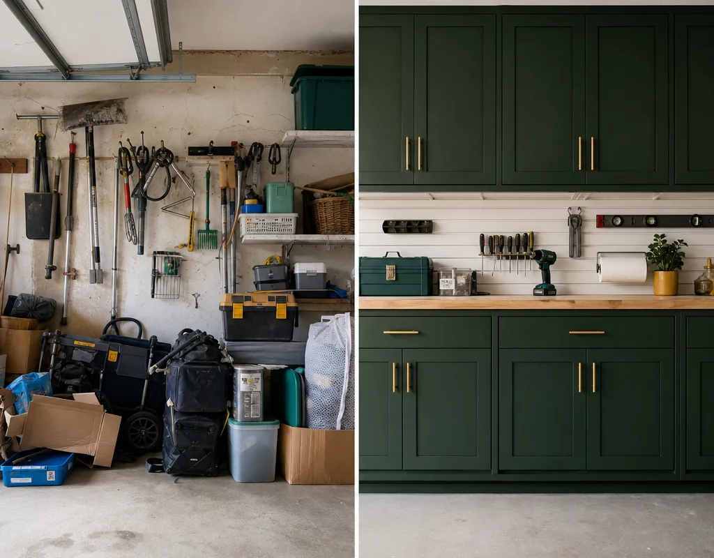 Before and after view of a cluttered garage wall transformed with cabinets and a clear worktop