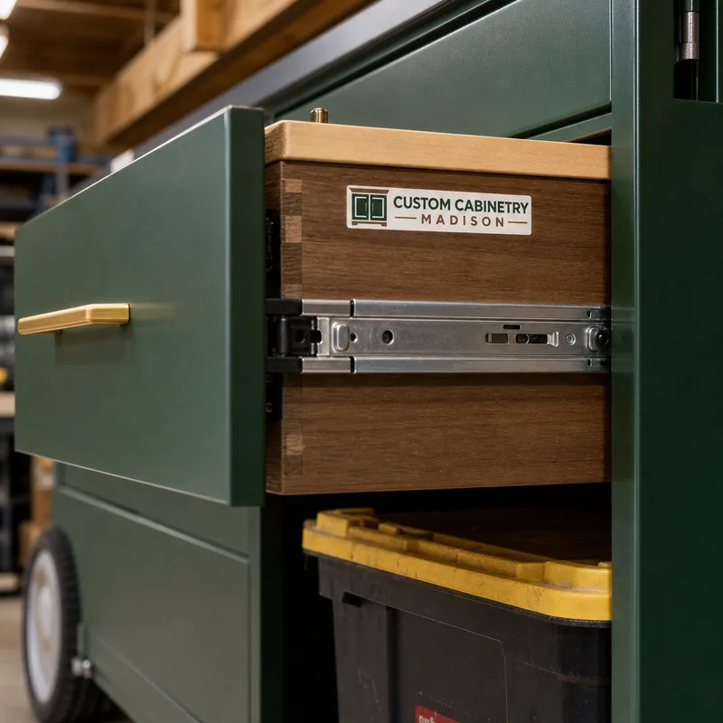 Detail of soft-close drawer hardware and sturdy cabinet box construction for garage storage