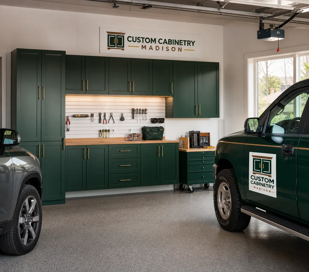 Bright Madison-area garage with wall-mounted cabinets, a tall storage cabinet, a clear work surface, and room for vehicles