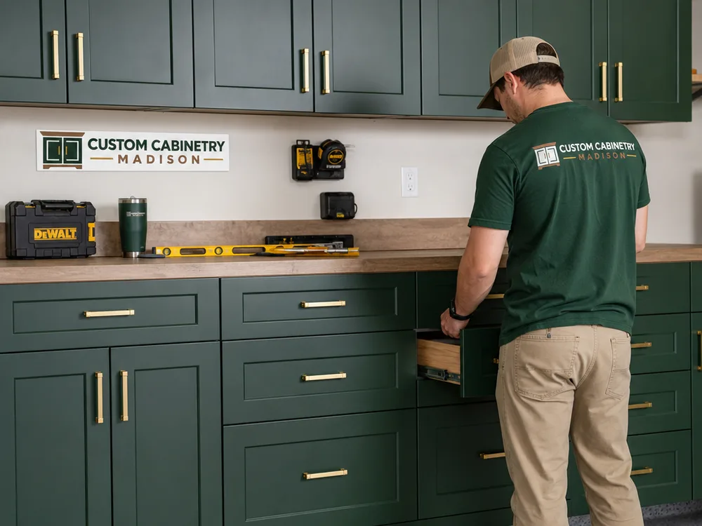Garage cabinet run with aligned wall cabinets, base cabinets, a durable countertop, and organized tools