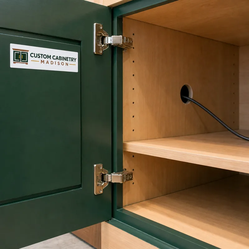 Office cabinet interior with soft-close hinges, adjustable shelf pin holes, and a concealed cable pass-through near the back panel
