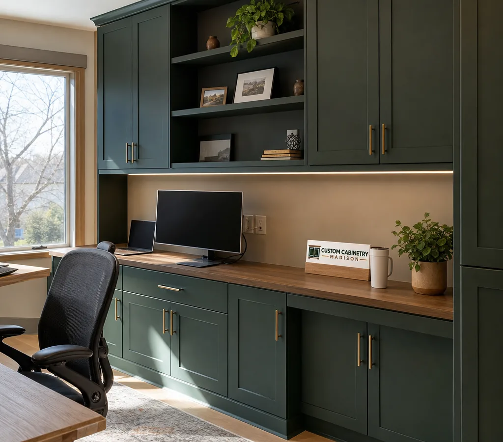 Finished Madison home office with wall-to-wall built-in cabinets, an integrated work surface, aligned doors, and tidy cable management
