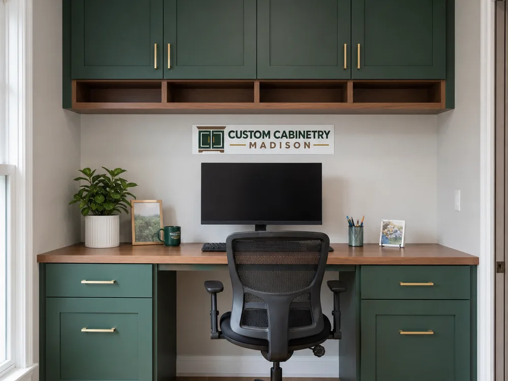 Straight-on view of a built-in desk with base cabinets, file drawers, and a durable work surface