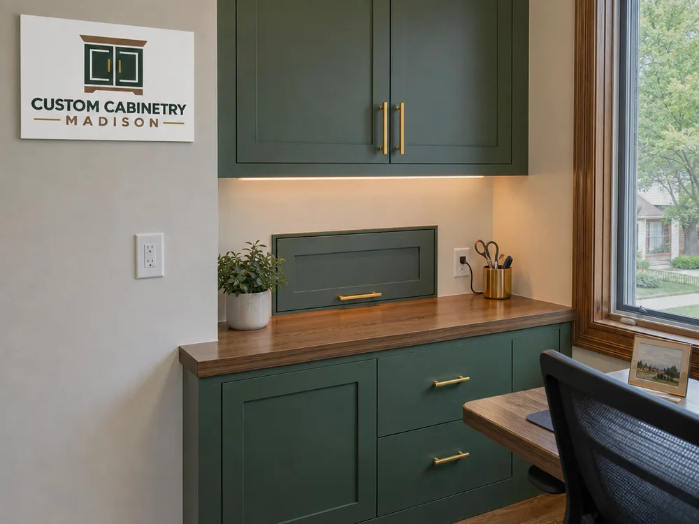 Compact office nook with upper cabinets and a closed printer garage with routed cords to a nearby outlet