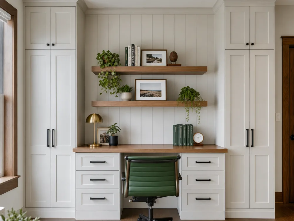 Wall of light neutral office cabinets with centered floating shelves between tall cabinets and matte black pulls